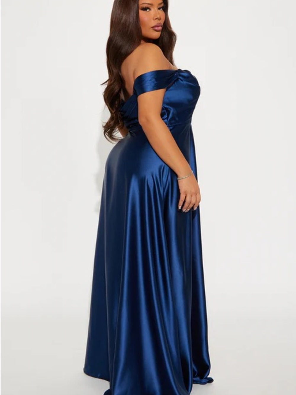 Fashion Nova Off-Shoulder Satin Prom Gown in Royal Blue - Picture 3 of 3
